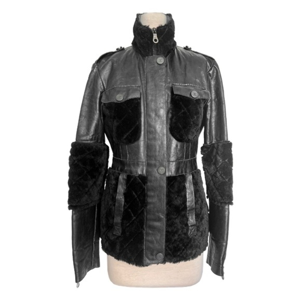 Chanel Black Leather Wool Jacket Quilted Trim CC Logo Buttons Size 34